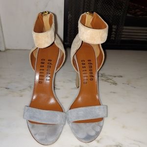 Tan and blue suede heels